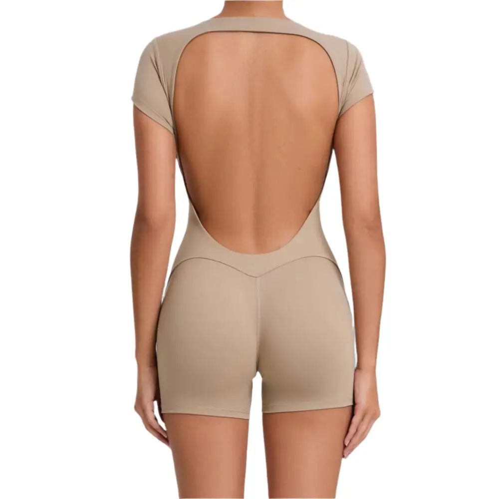 Workout Backless Hip Lift Belly Shaping Short Sleeve Yoga Romper - S / Soil Brown - Activewear