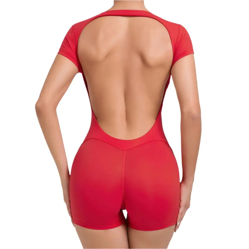 Workout Backless Hip Lift Belly Shaping Short Sleeve Yoga Romper - S / Red - Activewear