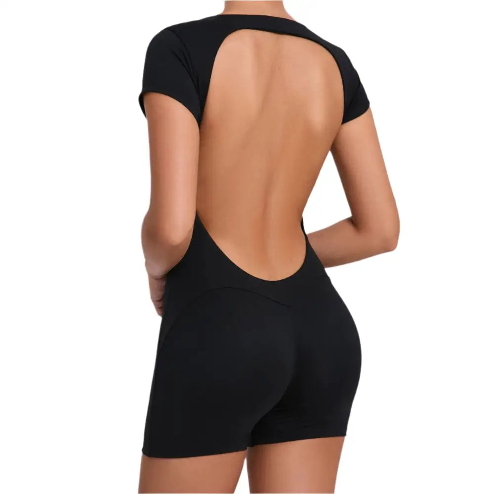 Workout Backless Hip Lift Belly Shaping Short Sleeve Yoga Romper - S / Black - Activewear
