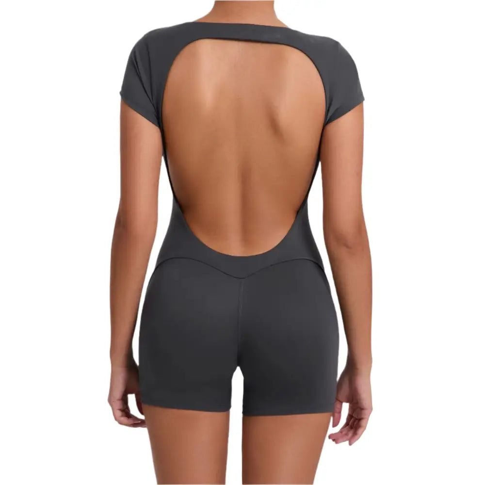 Workout Backless Hip Lift Belly Shaping Short Sleeve Yoga Romper - S / Carbon Gray - Activewear