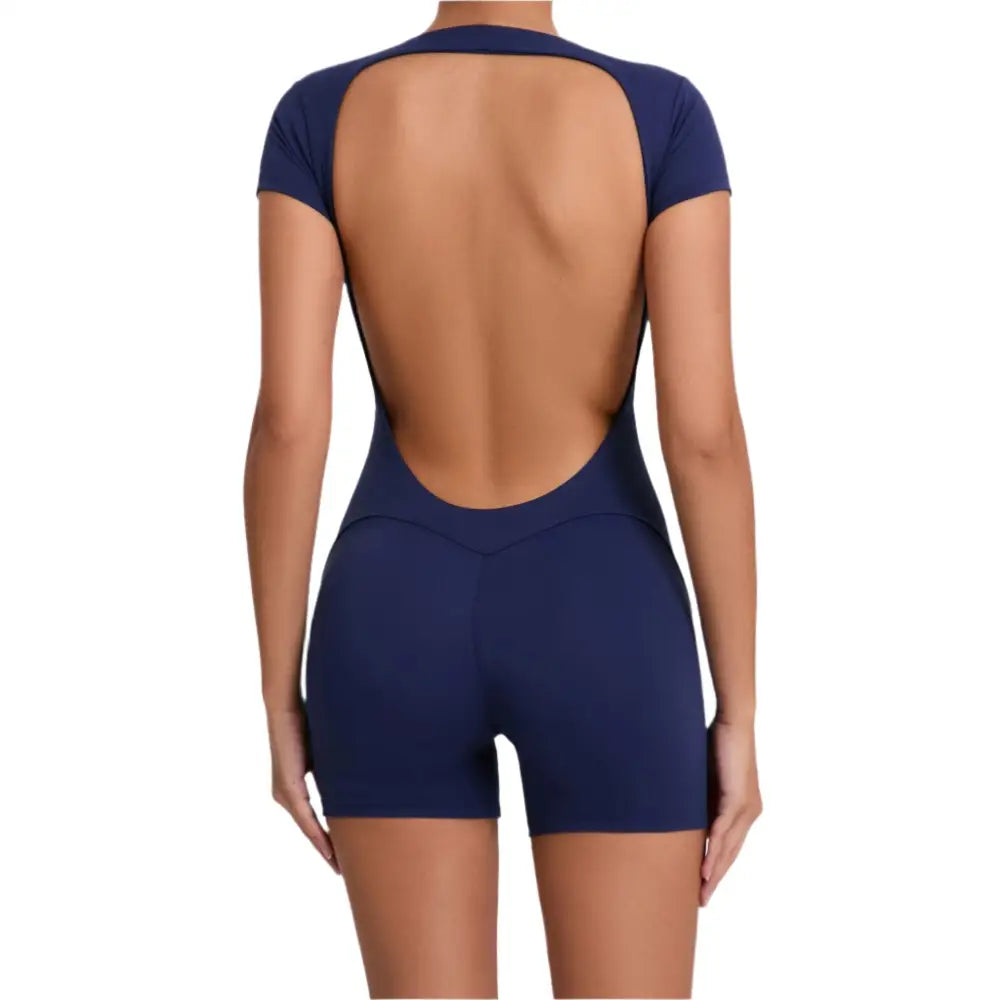 Workout Backless Hip Lift Belly Shaping Short Sleeve Yoga Romper - S / Navy Blue - Activewear