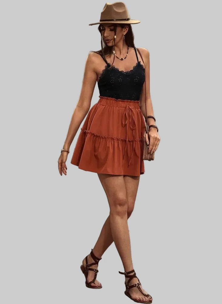 Woven Waist Belt Swing Tiered Skirt - Skirts
