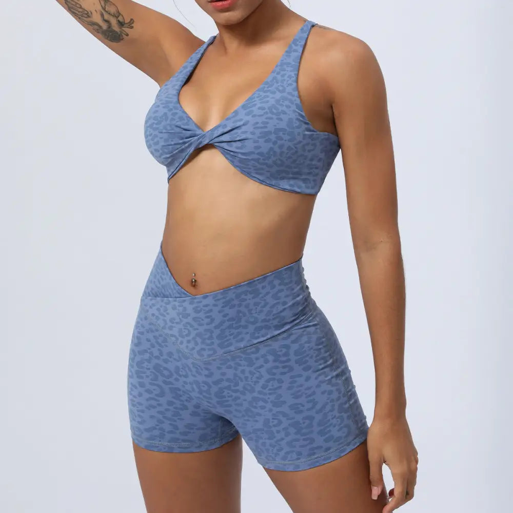 Yoga Leopard Twisted Cross Hip Lifting Running Fitness Suit - S / Blue - Activewear