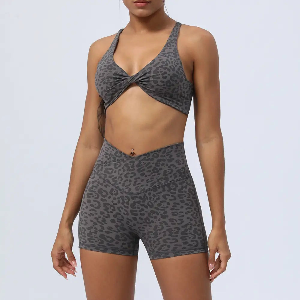 Yoga Leopard Twisted Cross Hip Lifting Running Fitness Suit - S / Light Gray - Activewear
