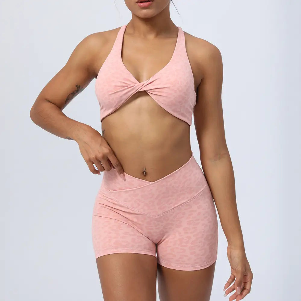 Yoga Leopard Twisted Cross Hip Lifting Running Fitness Suit - S / Pink - Activewear