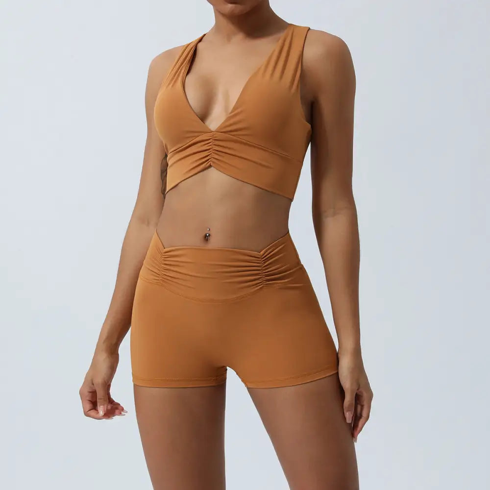 Yoga Sports Bra Hip Lifting Shorts Workout Suit - S / Khaki Brown - Activewear