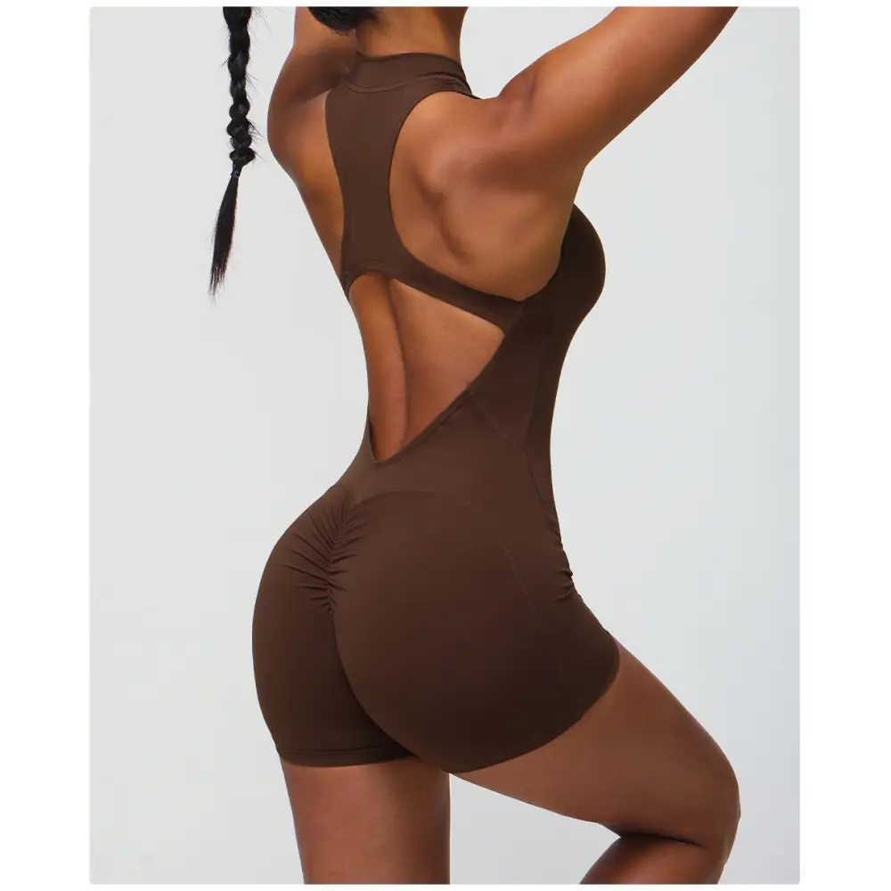 Zipper One Piece Fitness Peach Hip Yoga Romper - Activewear