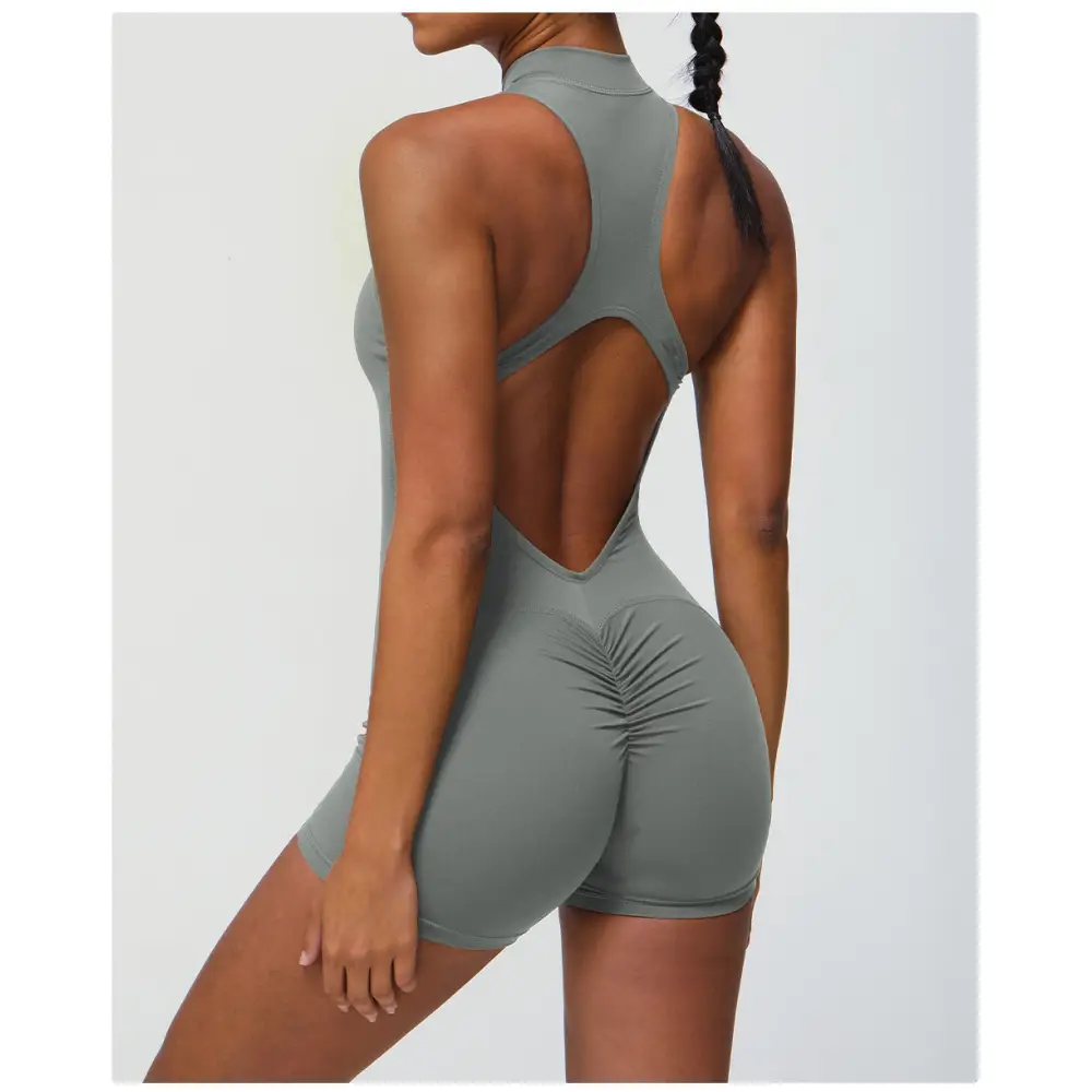 Zipper One Piece Fitness Peach Hip Yoga Romper - Activewear
