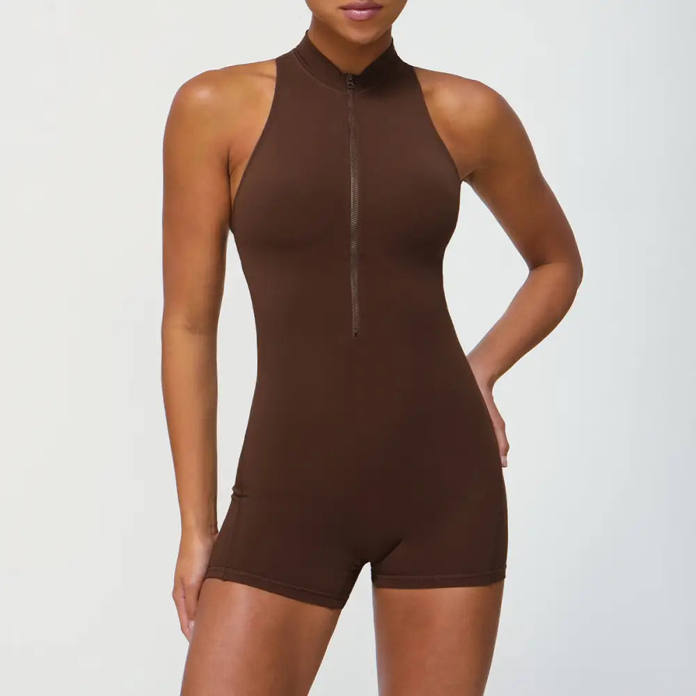 Zipper One Piece Fitness Peach Hip Yoga Romper - S / Coffee - Activewear