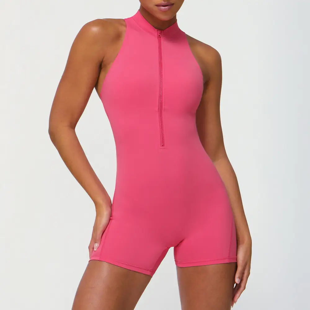 Zipper One Piece Fitness Peach Hip Yoga Romper - S / Coral Red - Activewear