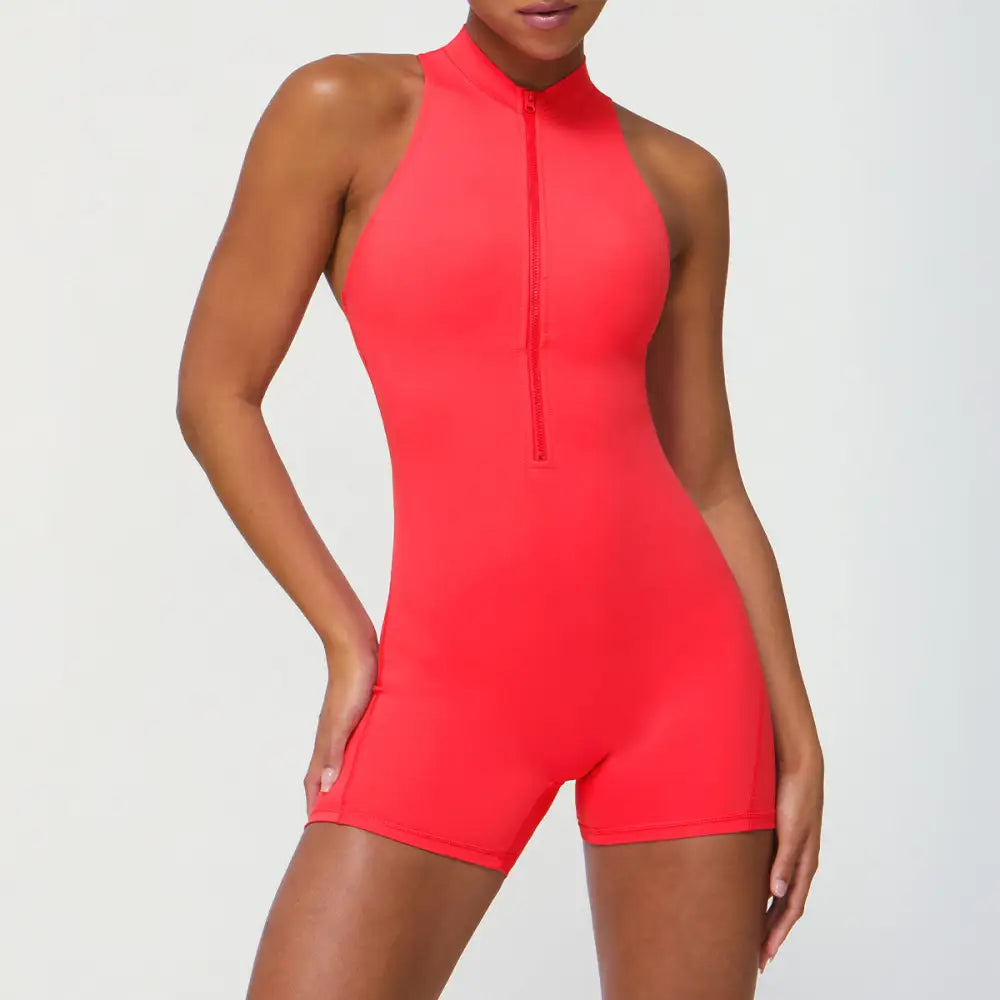 Zipper One Piece Fitness Peach Hip Yoga Romper - S / Red - Activewear
