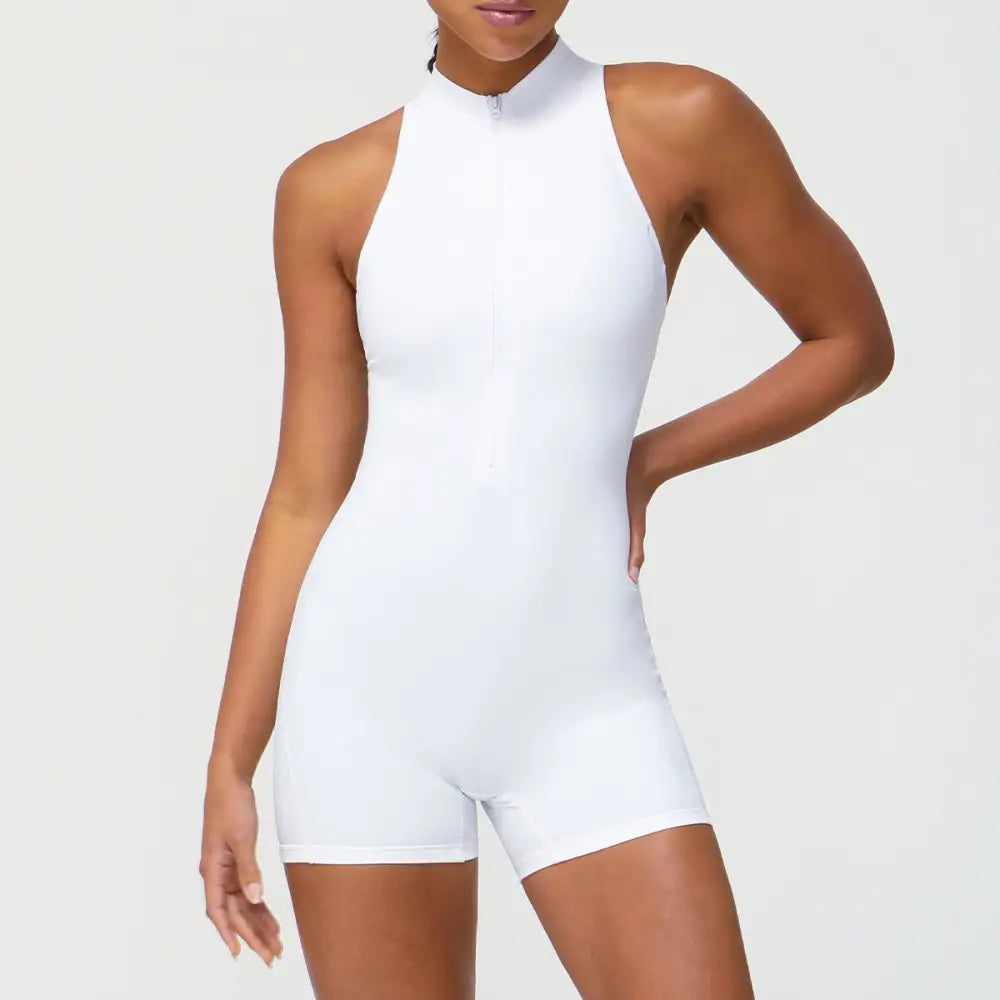 Zipper One Piece Fitness Peach Hip Yoga Romper - S / White - Activewear