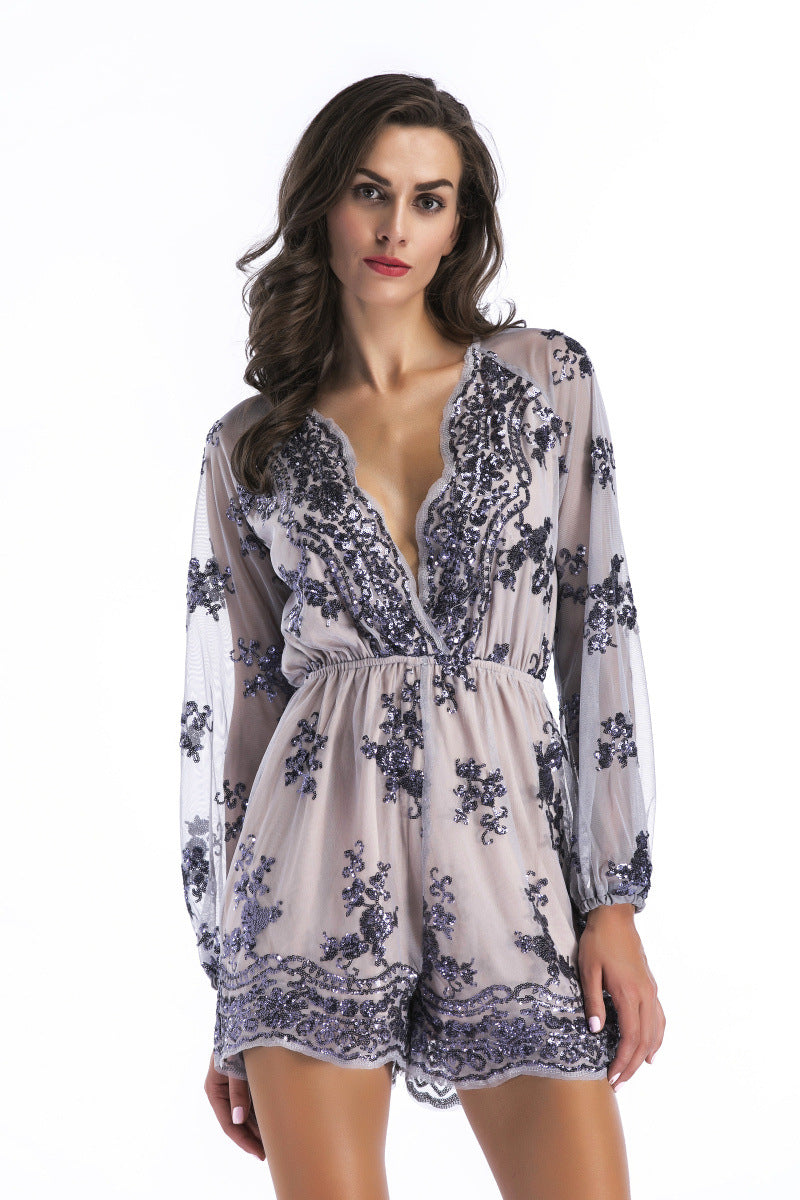 Deep V-Plunge Mesh Long Sleeve Sequined Romper