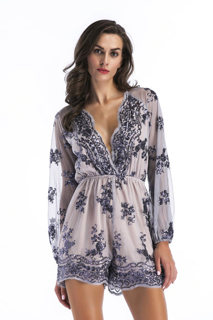 Deep V-Plunge Mesh Long Sleeve Sequined Romper