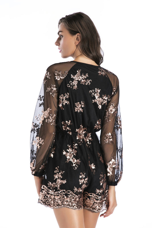 Deep V-Plunge Mesh Long Sleeve Sequined Romper