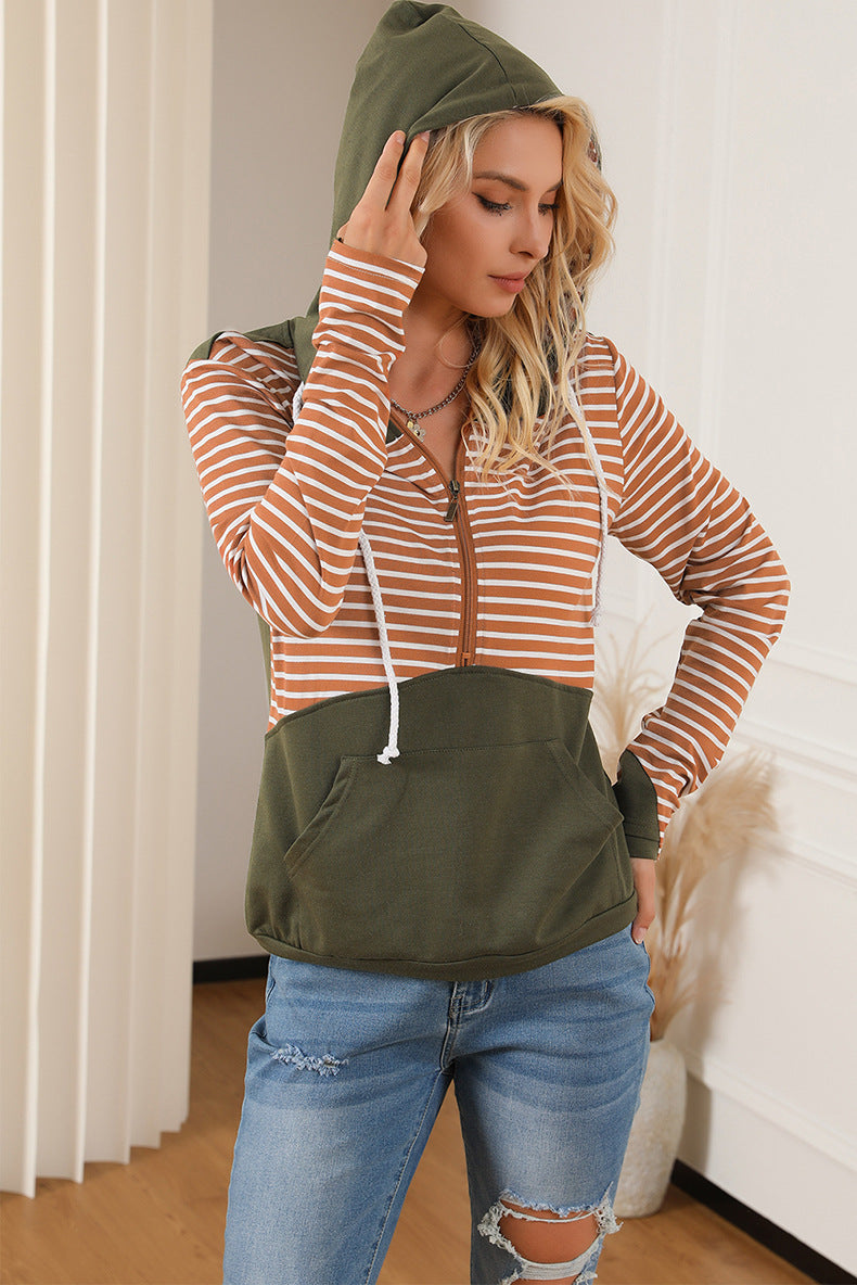 Striped Patchwork Hoodie Casual Half Zipper Pullover
