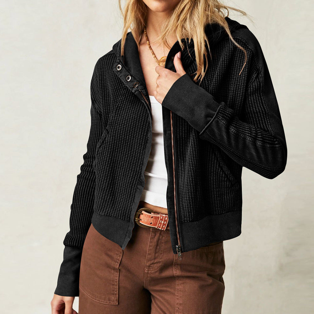 Patchwork Hooded Long Sleeve Loose Lazy Zipper Sweatshirt