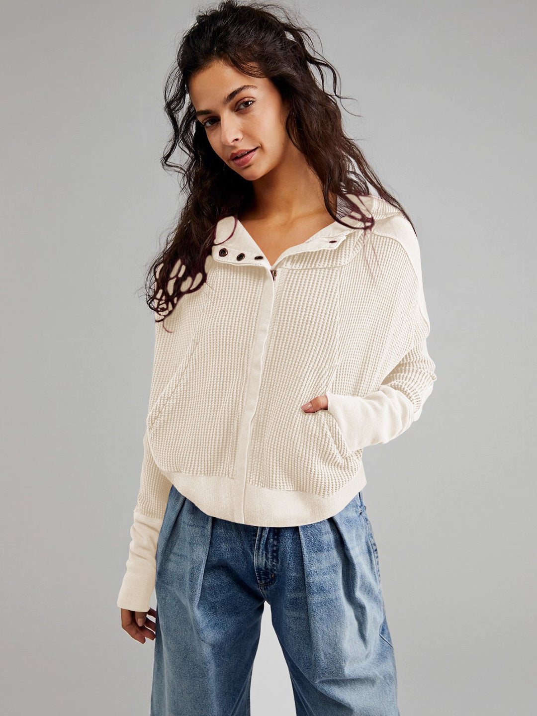 Patchwork Hooded Long Sleeve Loose Lazy Zipper Sweatshirt