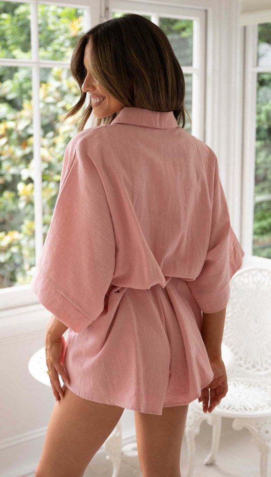 Polo Collar Mid Sleeve Waist Lace up Romper Pajamas