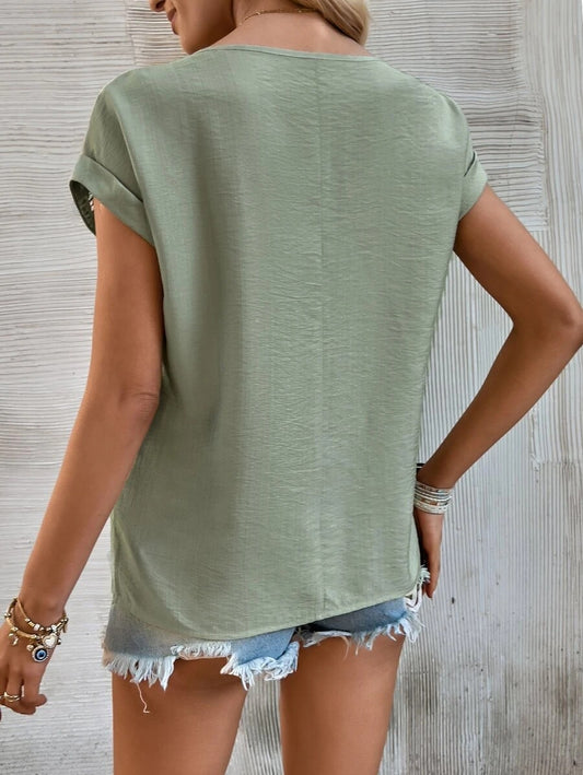 Summer Casual Solid Color Stitching Lace Short Sleeve Top