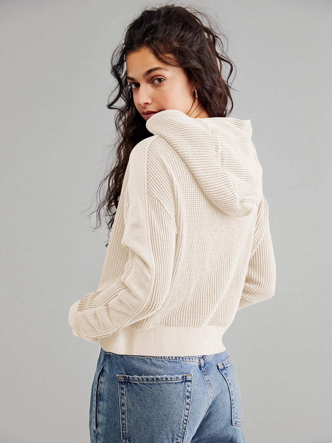 Patchwork Hooded Long Sleeve Loose Lazy Zipper Sweatshirt