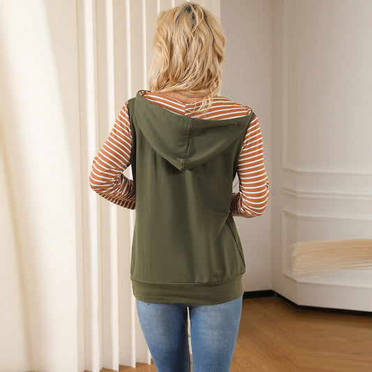 Striped Patchwork Hoodie Casual Half Zipper Pullover