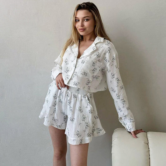 Spring Summer Long Sleeve Shorts Pajamas