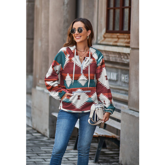 Aztec Half Zipper Casual Long Sleeve Hooded Pullover Sweater