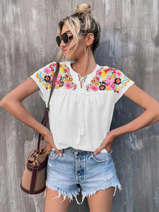 Summer Embroidery Tassel Series Leading Batwing Sleeve Shirt