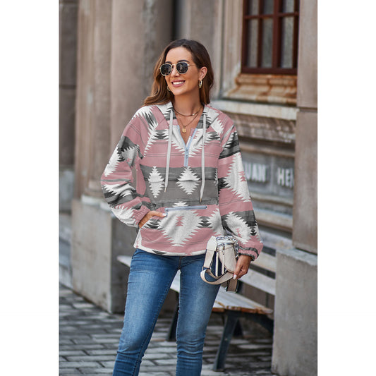 Aztec Half Zipper Casual Long Sleeve Hooded Pullover Sweater