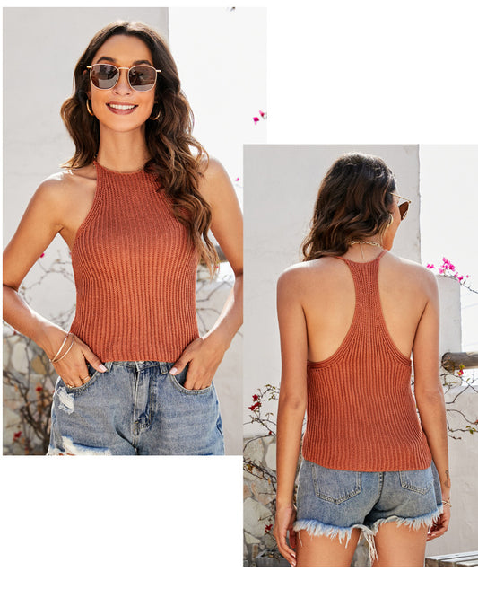 Knitted Halter Spaghetti Straps Sleeveless Top