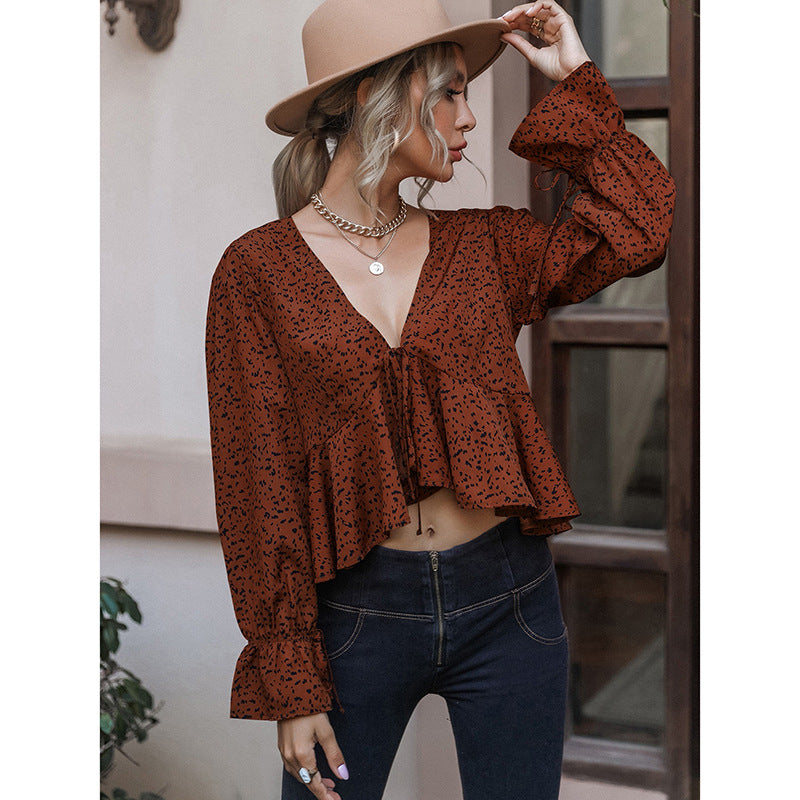 Flared Sleeves Long Sleeves Leopard Print Lace Up Sexy Cropped Ruffle Asymmetric Top