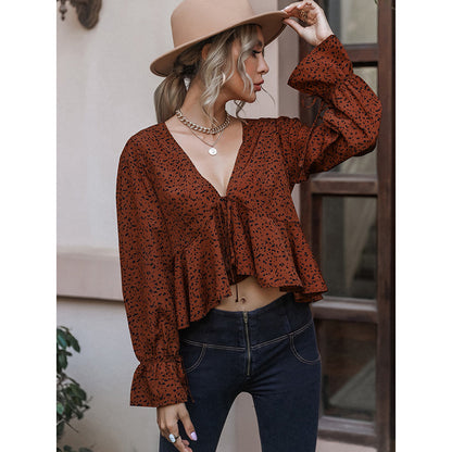 Flared Sleeves Long Sleeves Leopard Print Lace Up Sexy Cropped Ruffle Asymmetric Top