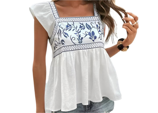 Embroidery Ruffle Sleeve Top