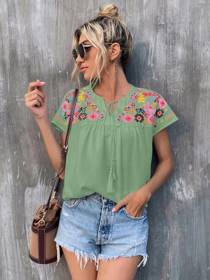 Summer Embroidery Tassel Series Leading Batwing Sleeve Shirt