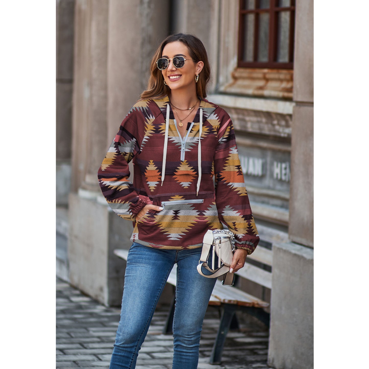 Aztec Half Zipper Casual Long Sleeve Hooded Pullover Sweater