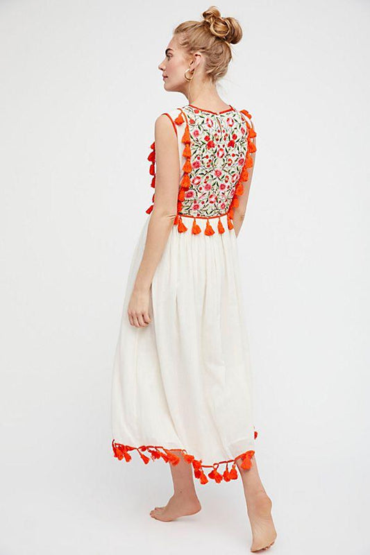 Bohemian Flower Embroidered Fringe Trimmed Dress - Tamra.Shop.Social