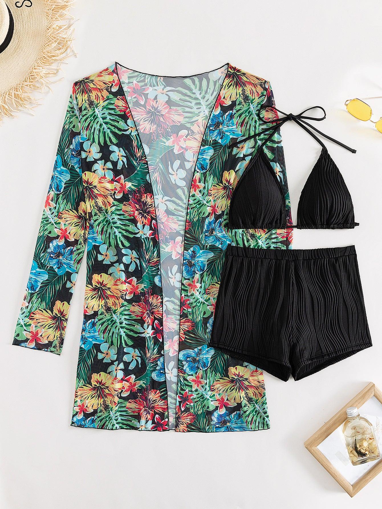 Boho Three-Piece Bikini Shorts Coverup Set - Tamra.Shop.Social