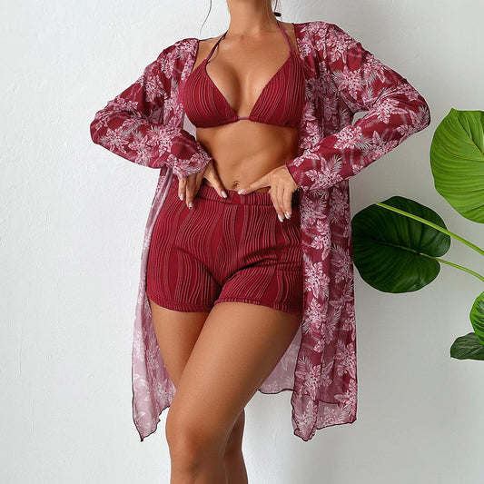 Boho Three-Piece Bikini Shorts Coverup Set - Tamra.Shop.Social