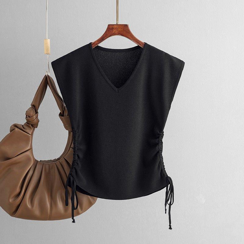 Chic Knitted Sleeveless V-neck T-Shirt Drawstring Top - Tamra.Shop.Social