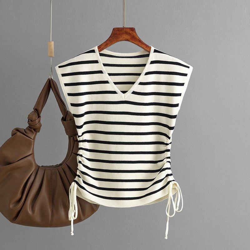 Chic Knitted Sleeveless V-neck T-Shirt Drawstring Top - Tamra.Shop.Social