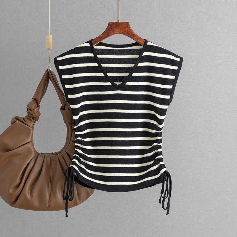 Chic Knitted Sleeveless V-neck T-Shirt Drawstring Top - Tamra.Shop.Social