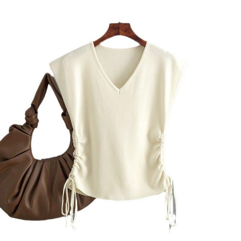 Chic Knitted Sleeveless V-neck T-Shirt Drawstring Top - Tamra.Shop.Social