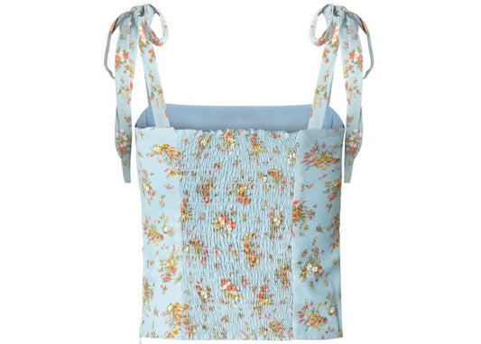 French Floral Print Bow Tie Shoulder Strap Top - Tamra.Shop.Social
