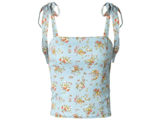 French Floral Print Bow Tie Shoulder Strap Top - Tamra.Shop.Social